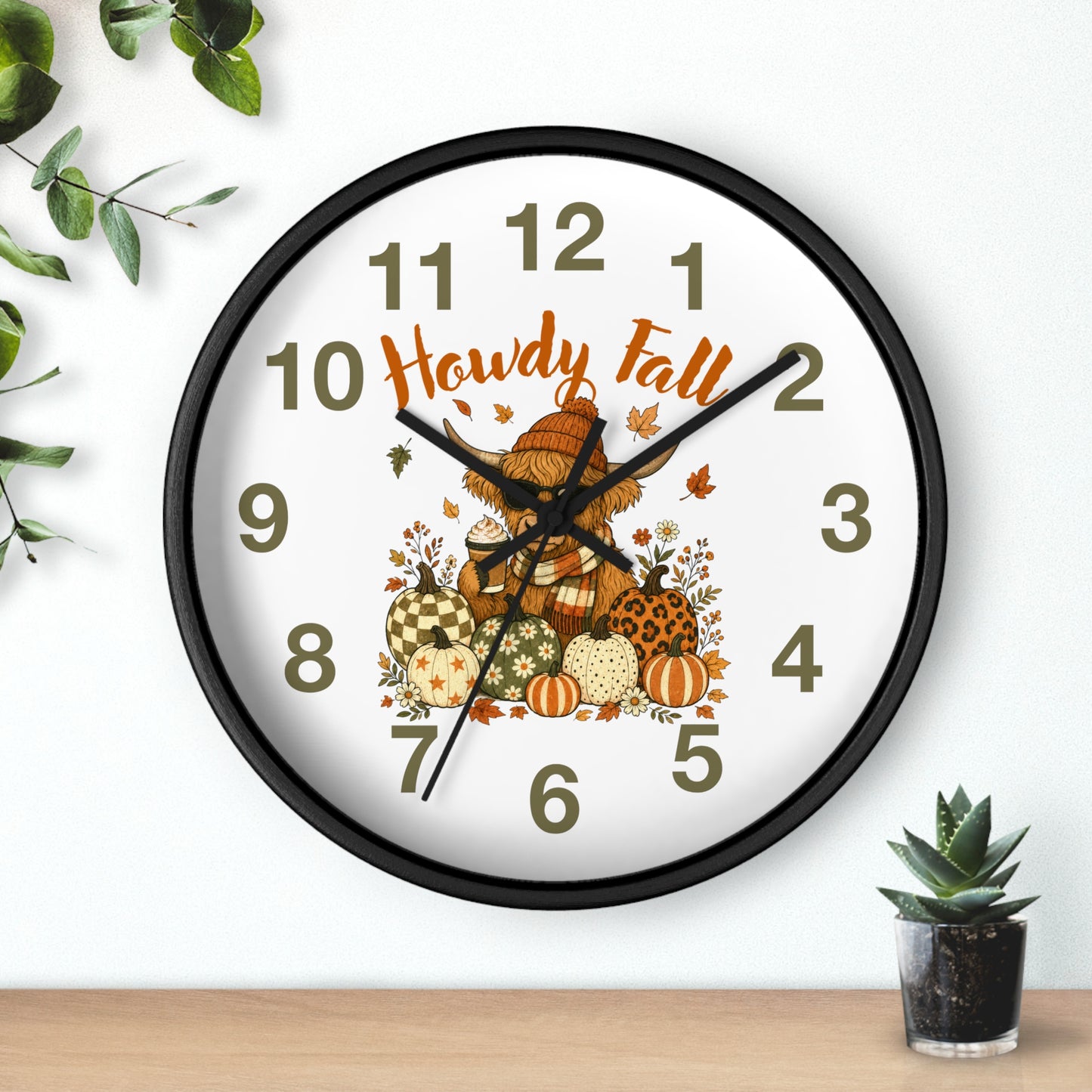 Howdy Fall Highland Cow Wall Clock | Autumn Pumpkin Decor