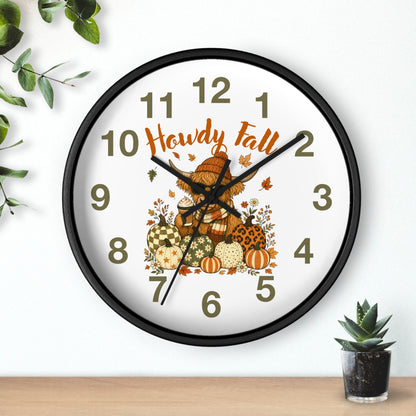 Howdy Fall Highland Cow Wall Clock | Autumn Pumpkin Decor
