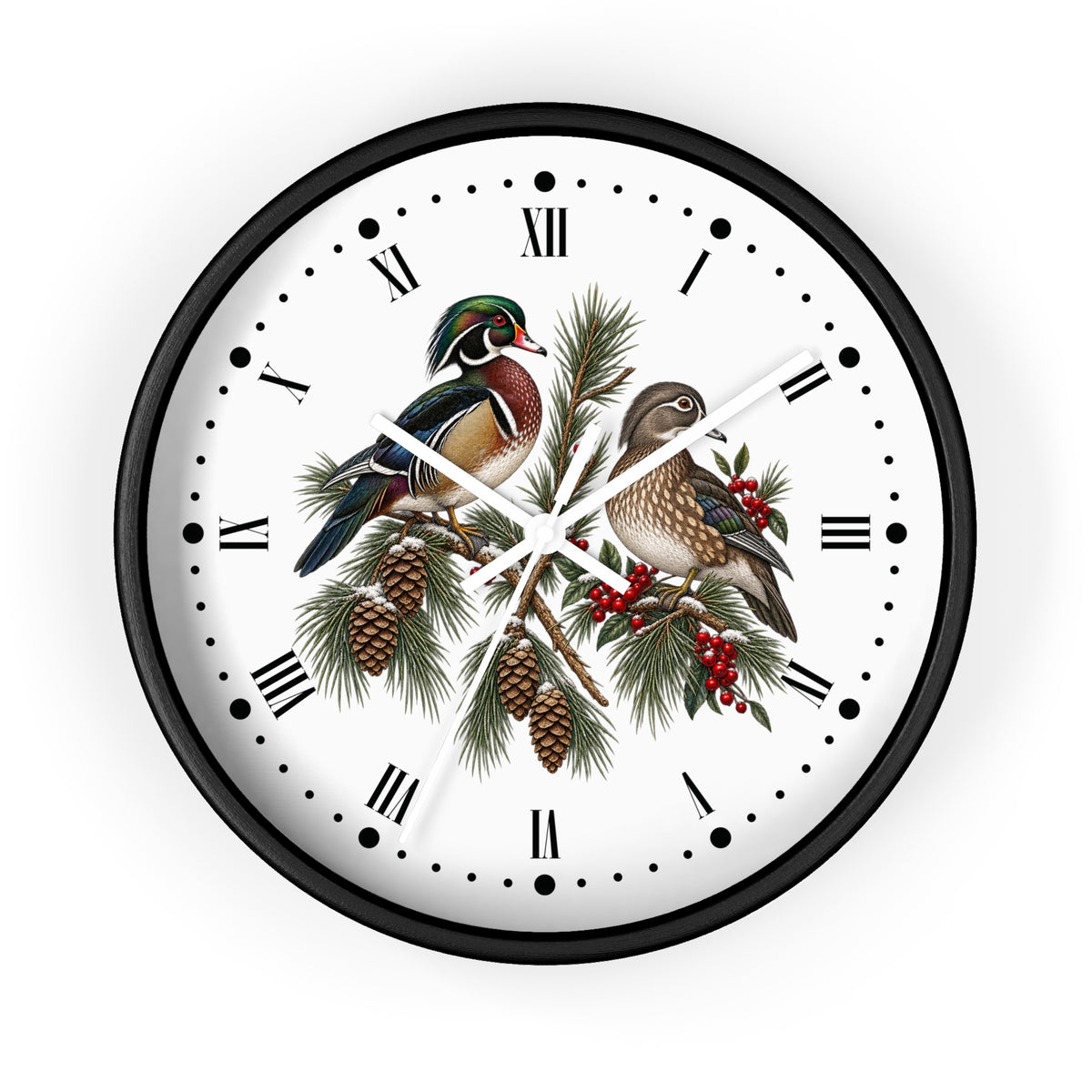 Festive Wood Duck Wall Clock with Roman Numerals — Holiday Woodland Animal Decor