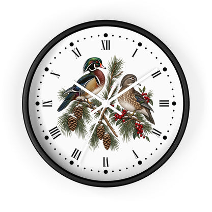 Festive Wood Duck Wall Clock with Roman Numerals — Holiday Woodland Animal Decor