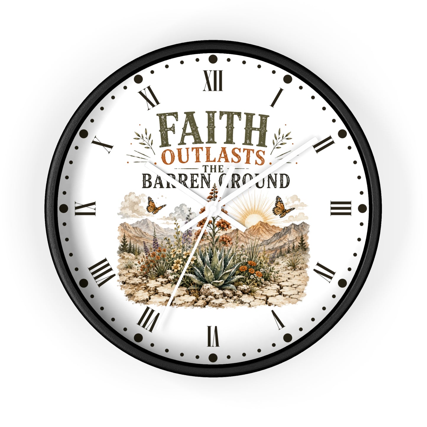 Faith Outlasts the Barren Ground Wall Clock — Rustic Desert Christian Home Decor