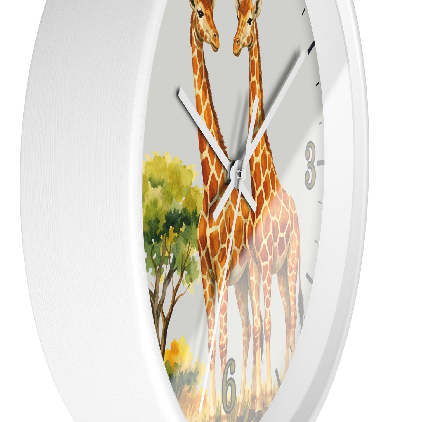 A round white wall clock with a printed giraffe and tree illustration on the face, shown against a plain white background.