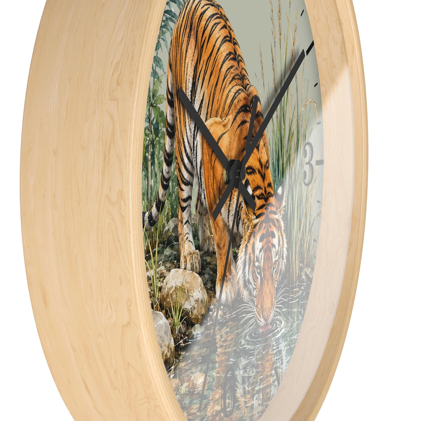 Round wall clock with a light natural wood frame and a printed tiger scene on the face, with black clock hands and partial white numerals visible.