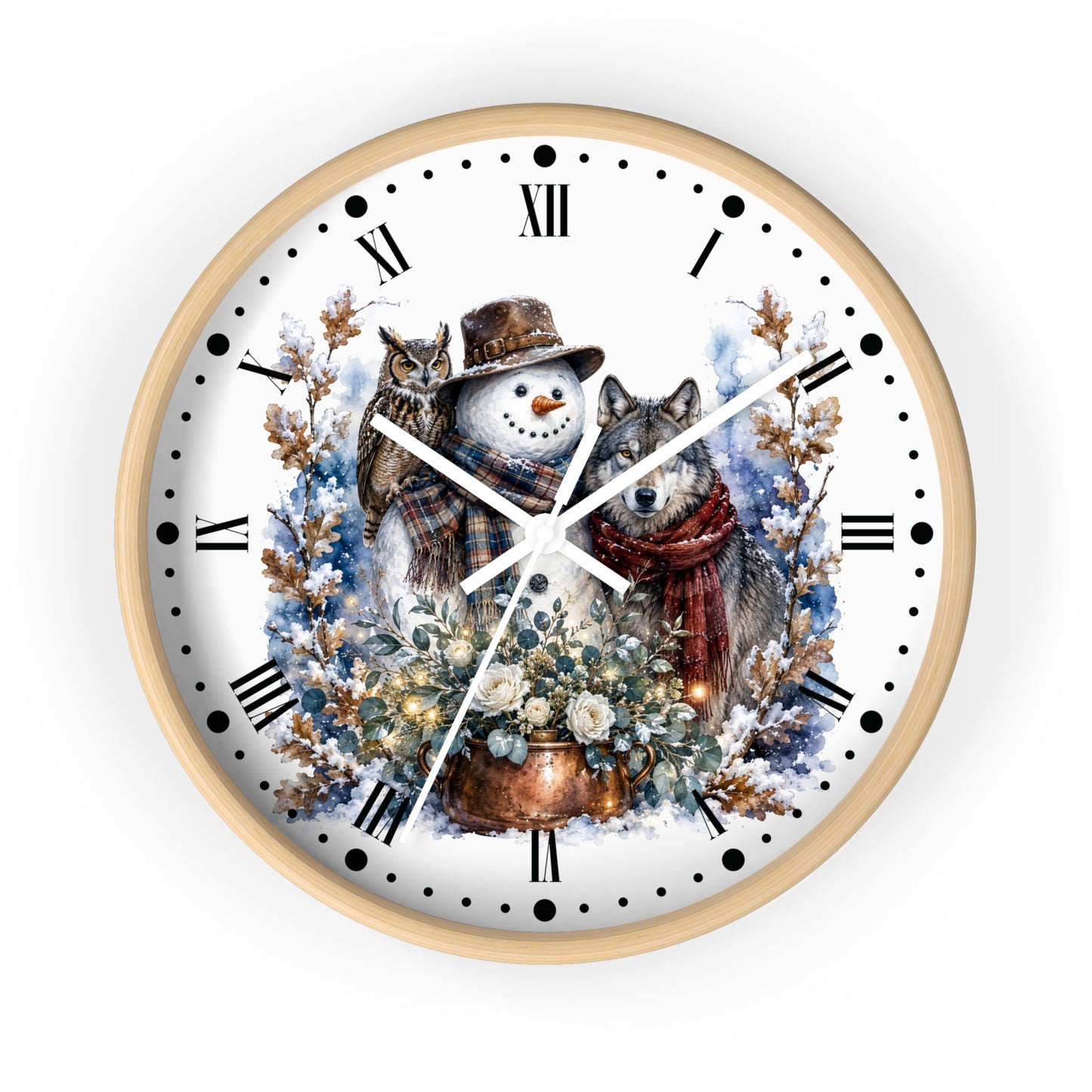 A round wall clock with a light wood frame and a white face featuring a winter illustration of a snowman, a wolf, an owl, and a flower pot, set against a plain white background.