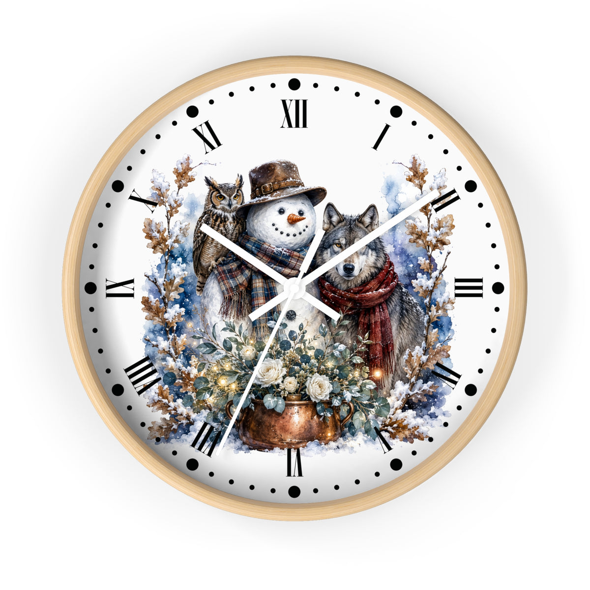 A round wall clock with a light wood frame and a white face featuring a winter illustration of a snowman, a wolf, an owl, and a flower pot, set against a plain white background.