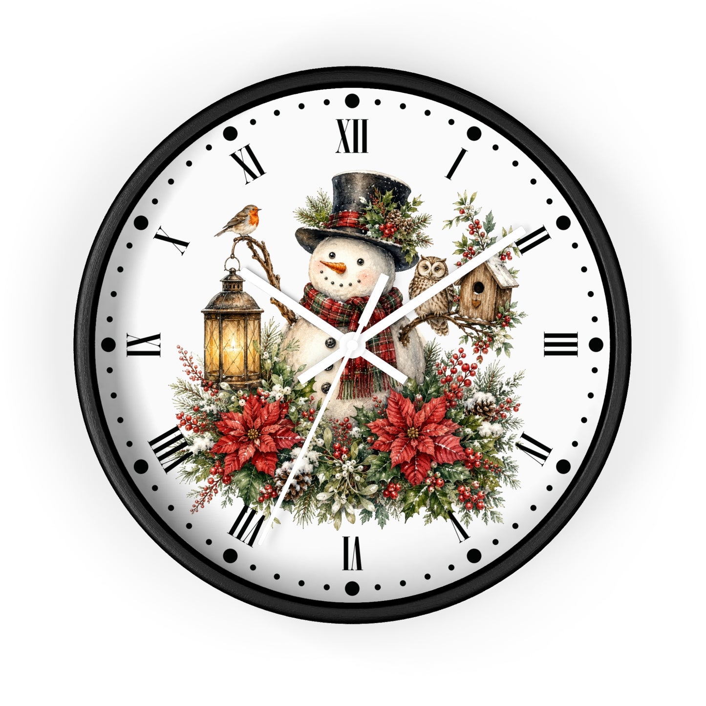 A round wall clock with a black frame and a white face featuring a festive Christmas illustration. The design includes a snowman wearing a top hat and scarf, surrounded by red poinsettias, green foliage, a glowing lantern, a small bird, an owl, and a birdhouse.