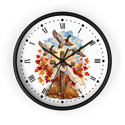 Autumn Cross Wall Clock — Faith Decor with Flying Ducks & Fall Leaves