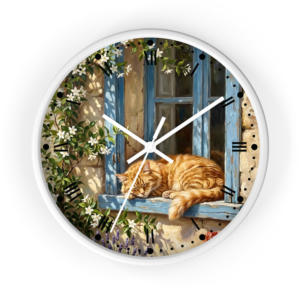 Round wall clock with a white frame and a printed illustration of an orange tabby cat sleeping on a blue window sill, surrounded by climbing white flowers and green leaves. The clock has white hands and black Roman numerals on a white background.