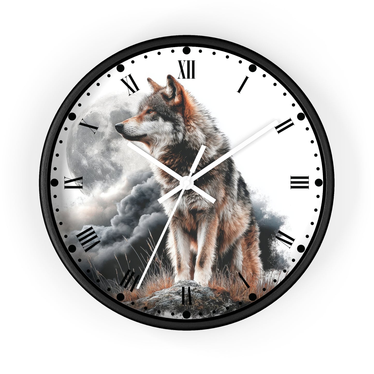 A round wall clock with a black frame and a printed wolf illustration on the face, featuring Roman numerals and white clock hands against a light gray background.