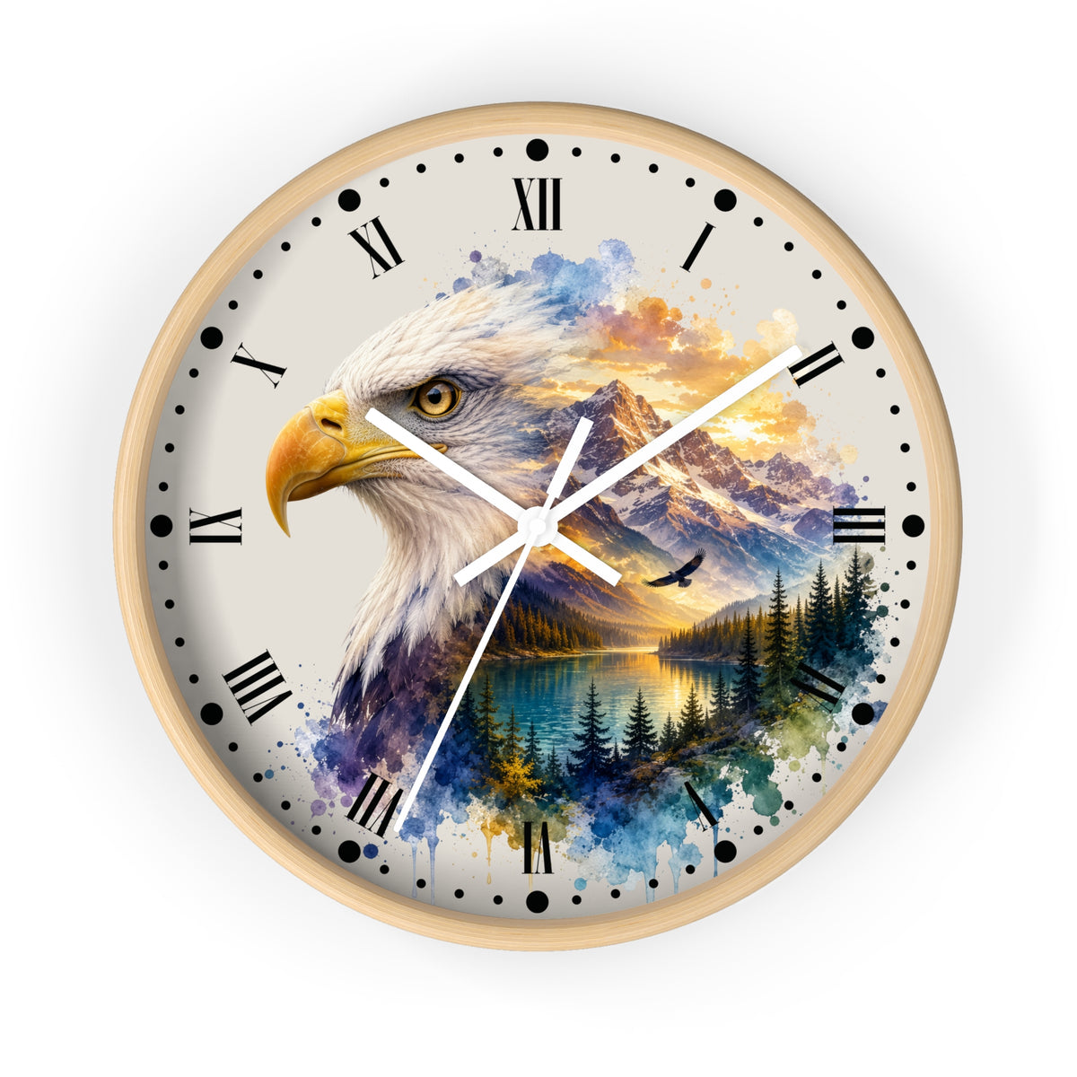 Round wall clock with a light wood frame and a printed design featuring a large eagle head over a colorful mountain, lake, and forest landscape. Roman numerals mark the hours, with white clock hands and small black dot hour indicators on a white background.