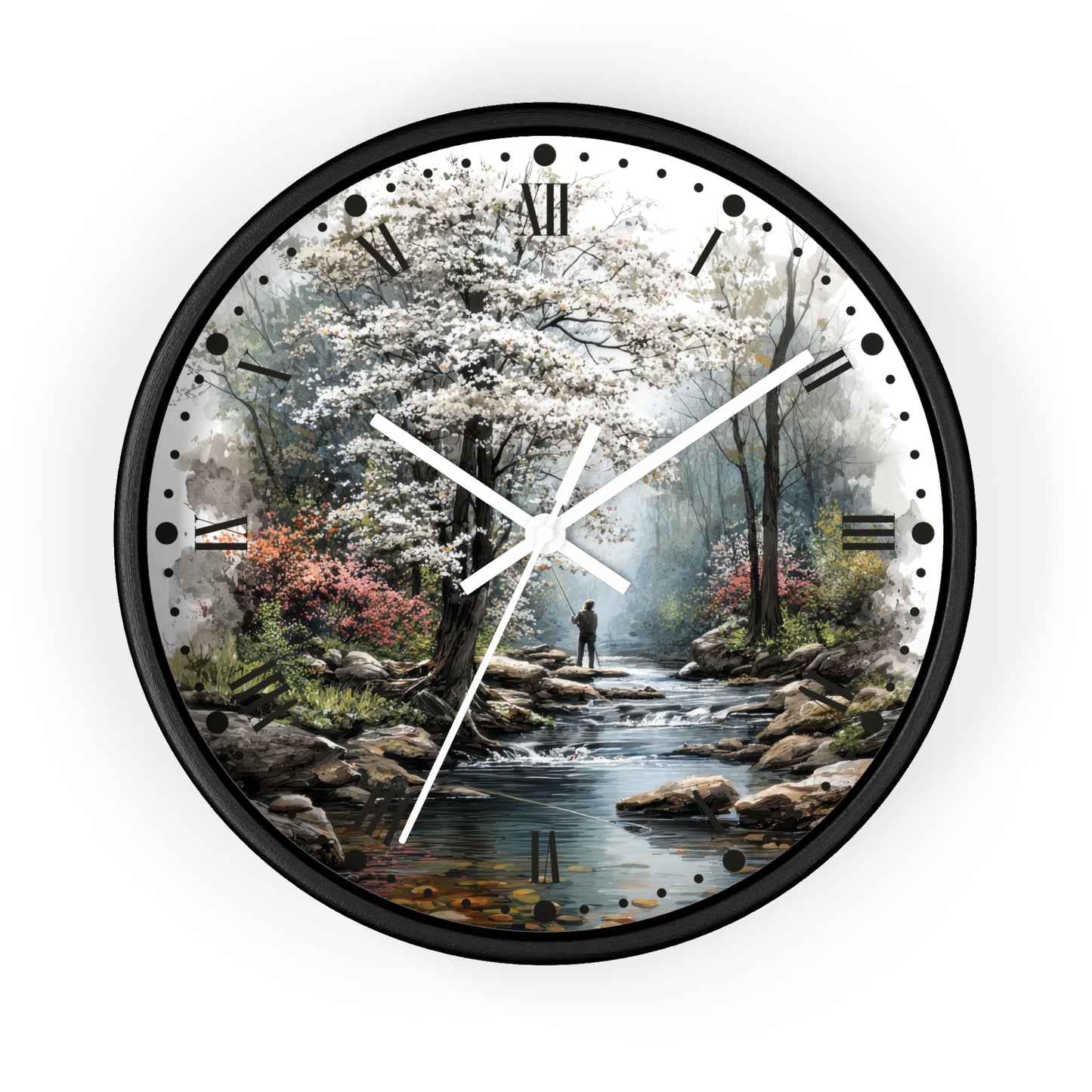 Round wall clock with a black frame and a scenic landscape print of a stream, flowering trees, rocks, and a small figure, shown on a plain white background.