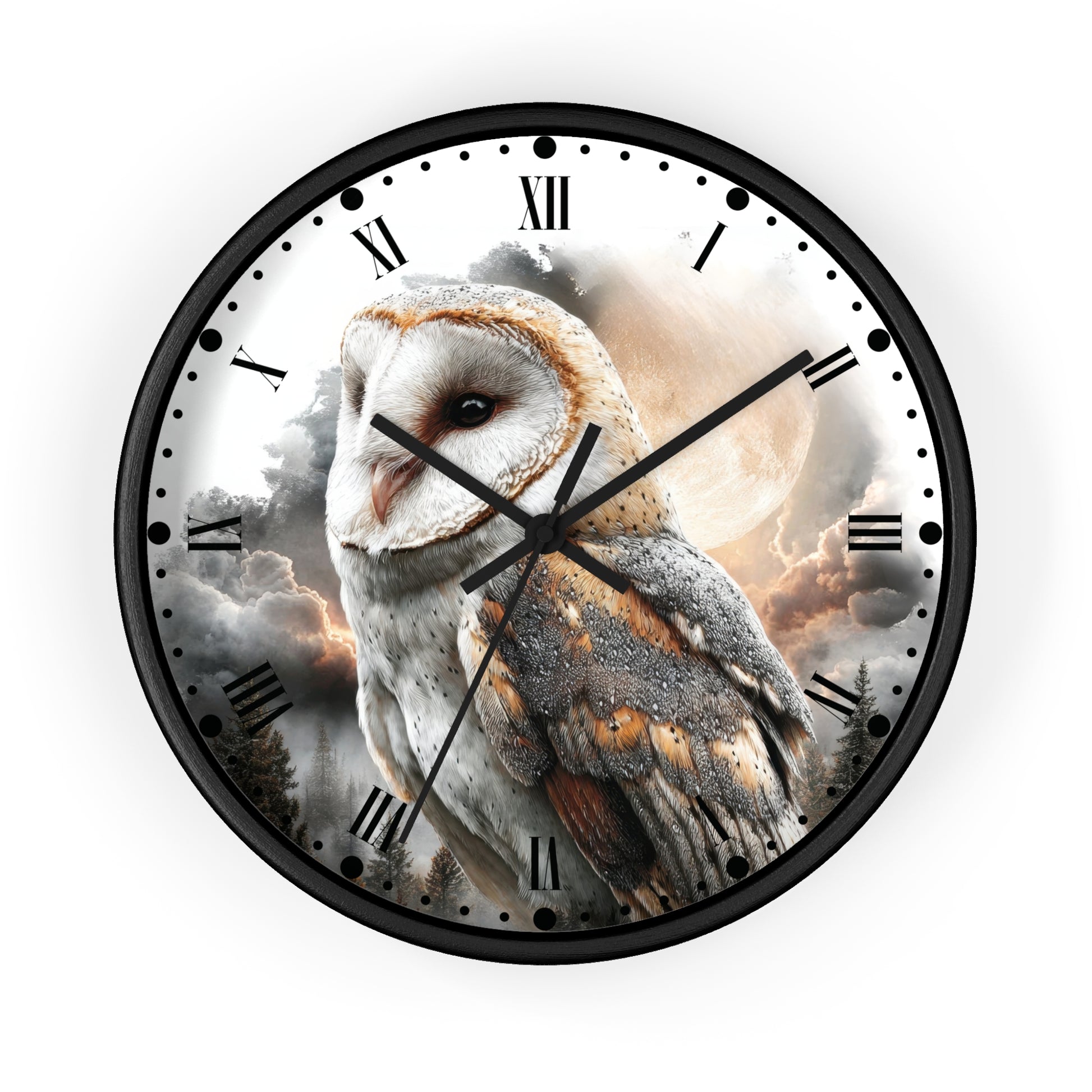 Round wall clock with a black frame and Roman numerals, featuring a large barn owl illustration over a cloudy sky and moon on the clock face.