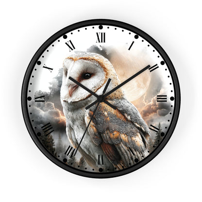 Round wall clock with a black frame and Roman numerals, featuring a large barn owl illustration over a cloudy sky and moon on the clock face.