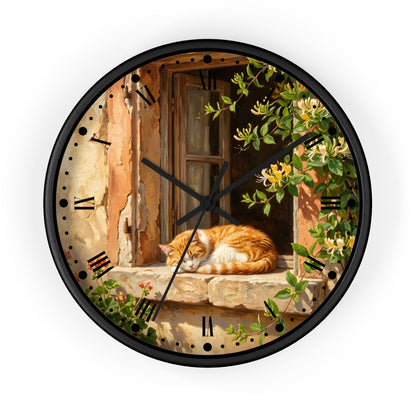 Sleeping Ginger Cat Wall Clock — Rustic Animal Home Decor