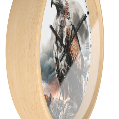 Round wall clock with a light natural wood frame and a printed scenic face showing a large eagle over a smoky mountain landscape, photographed on a white background.