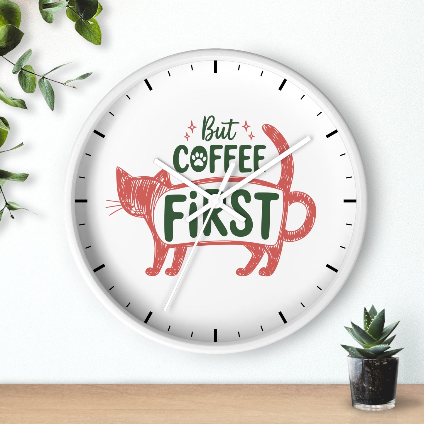 But Coffee First Coffee Cat Wall Clock | Cute Hand Drawn Kitchen Decor