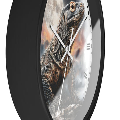 Round wall clock with a black frame and a printed dinosaur illustration on the face, shown against a plain white background.