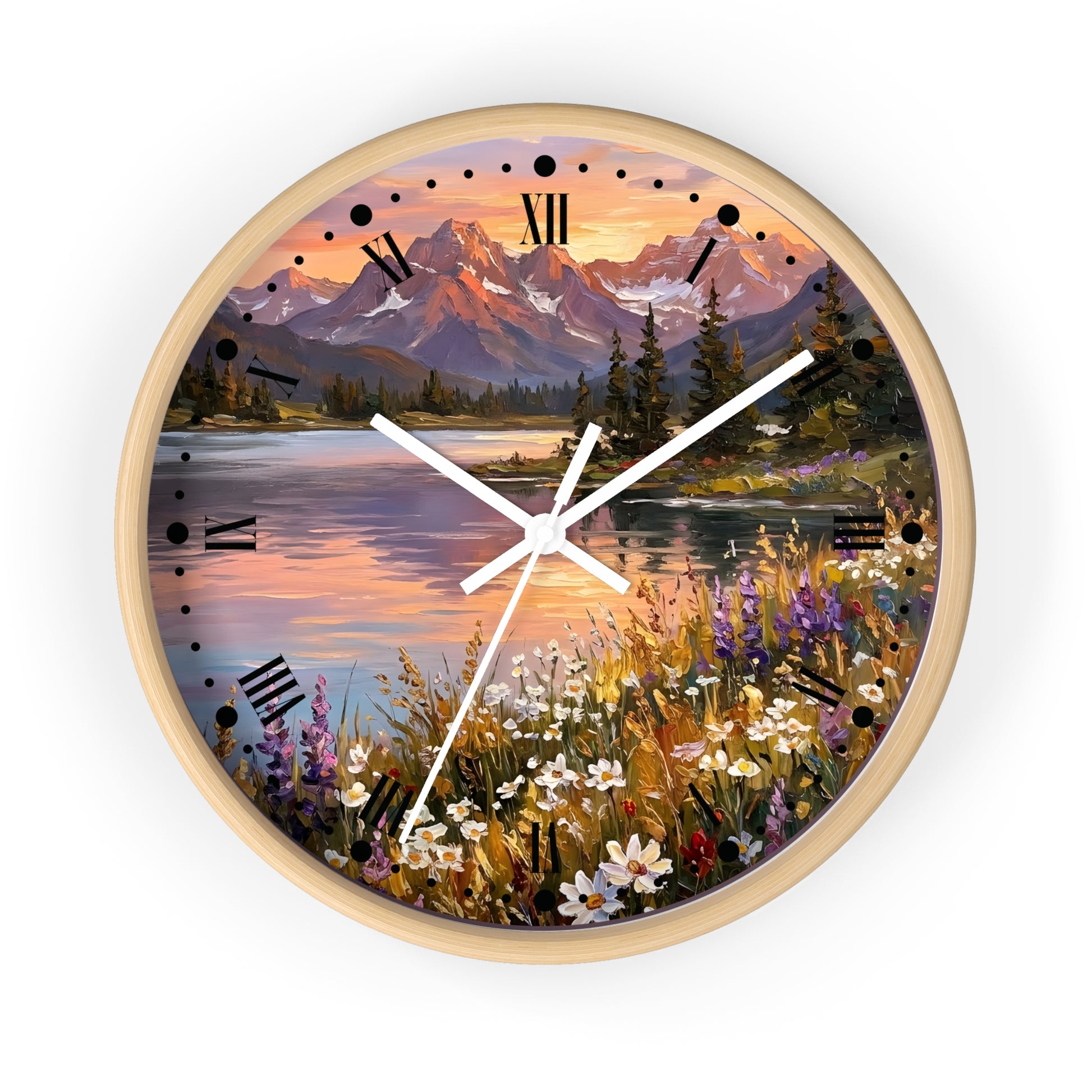 Round wall clock with a light wood frame and a scenic landscape print featuring mountains, a lake, trees, and wildflowers. The clock face has black Roman numerals and white clock hands against a clean white background.