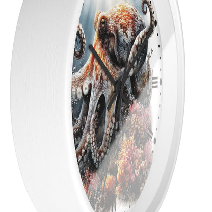 A white round wall clock featuring a detailed graphic print of an octopus over colorful coral reef imagery, with black hands and a minimalist black-and-white hour marker design.