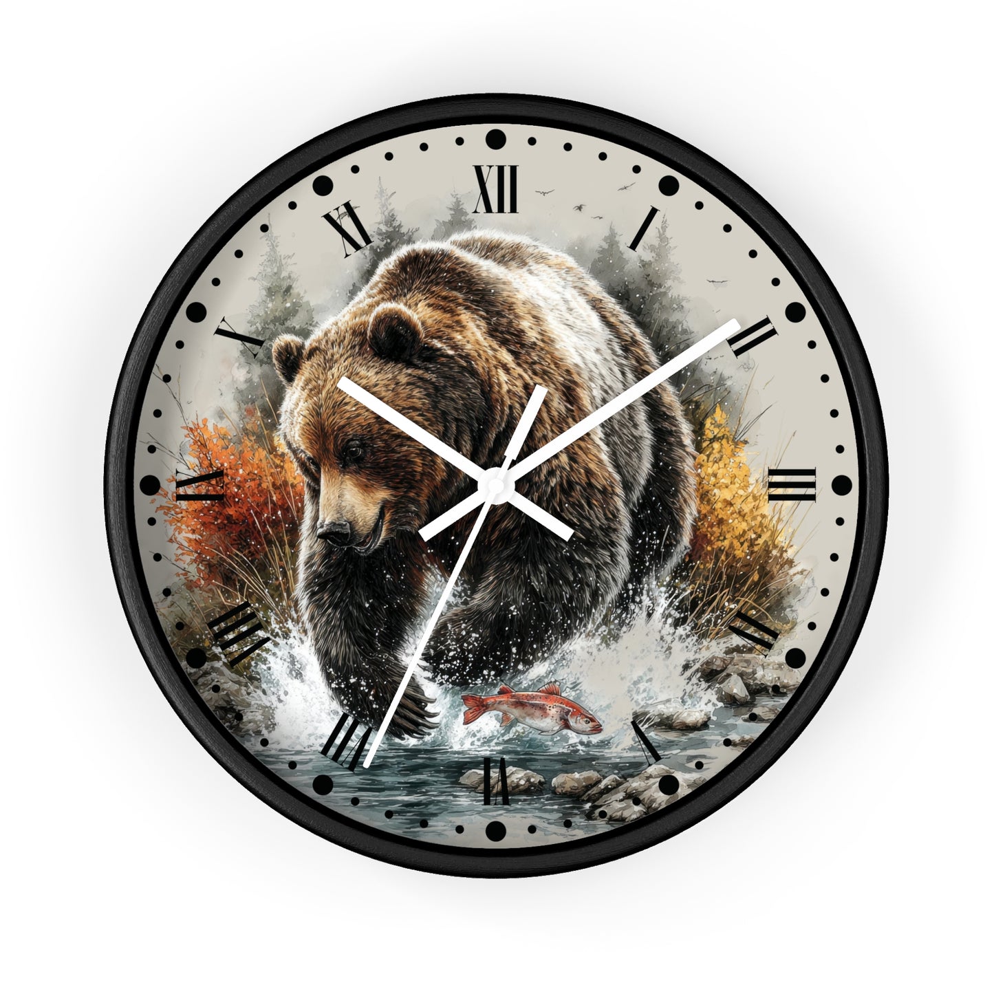 A round wall clock with a black frame and a printed nature scene featuring a large brown bear walking through water, with autumn trees and a fish. The clock face has Roman numerals and white hands, shown on a plain white background.