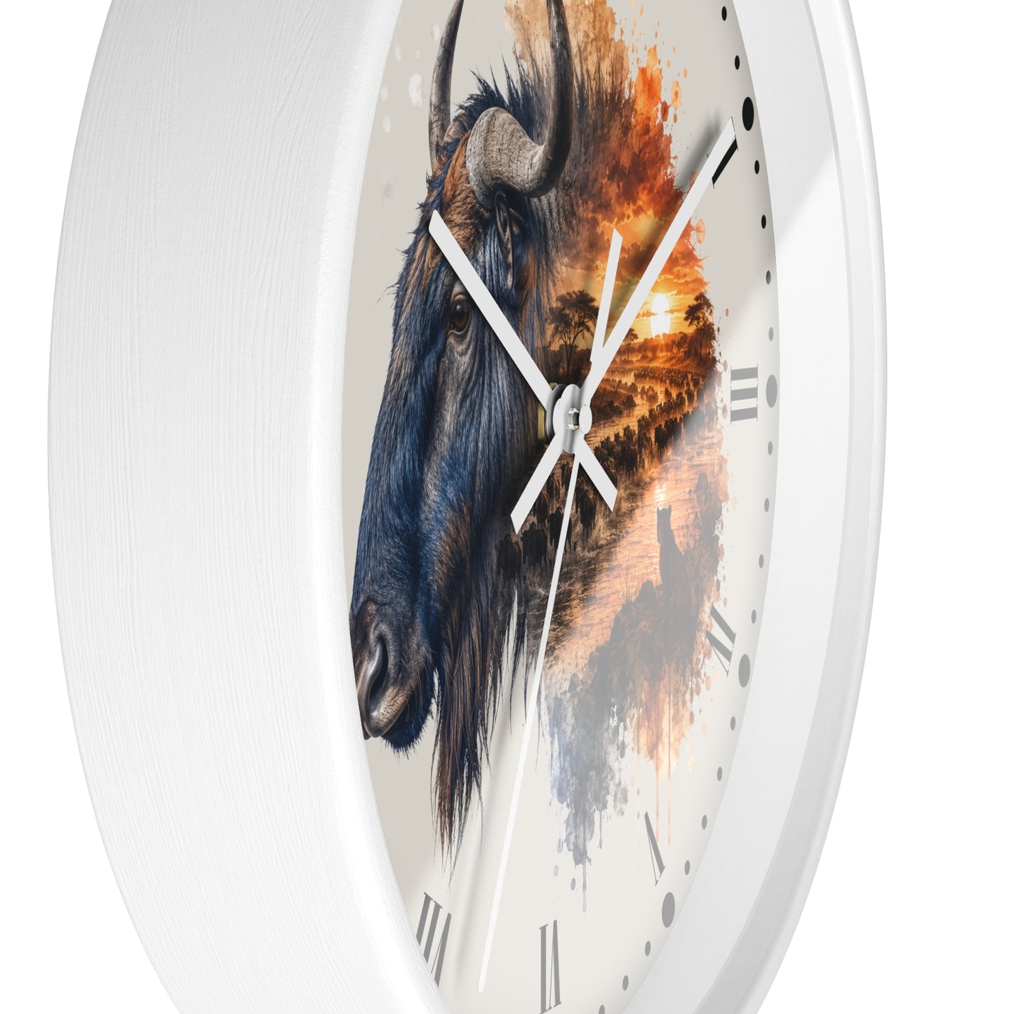 A round wall clock with a white frame and a printed dial featuring a detailed bison head on the left and an abstract orange sunset landscape on the right, with white Roman numerals and hands.