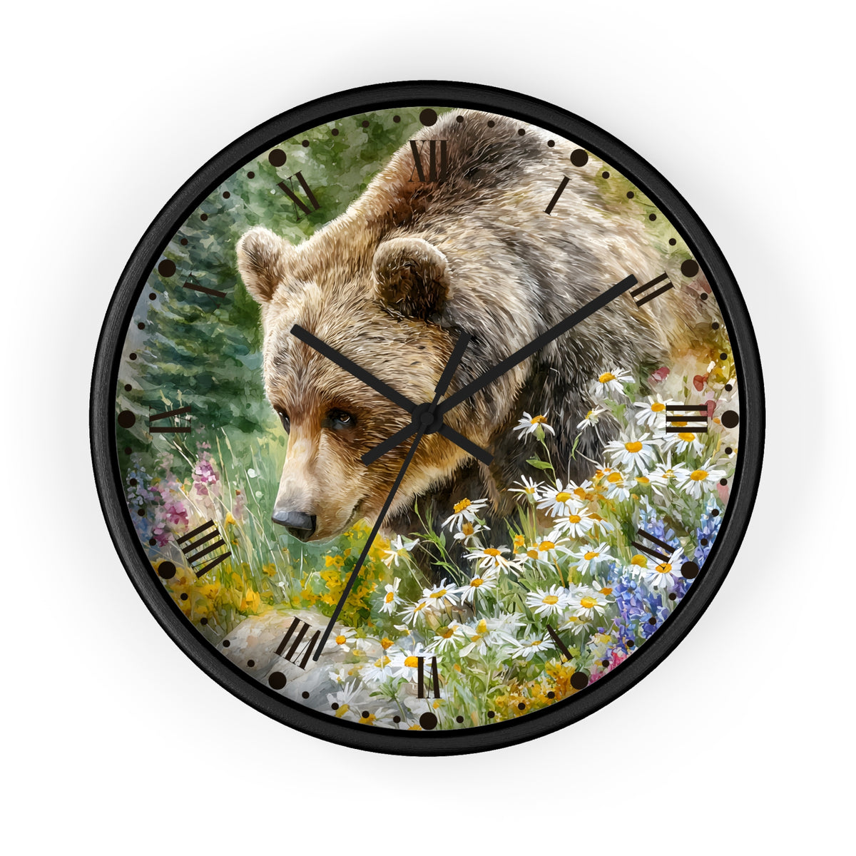 Grizzly Bear in Wildflower Meadow Wall Clock — Rustic Nature Animal Decor