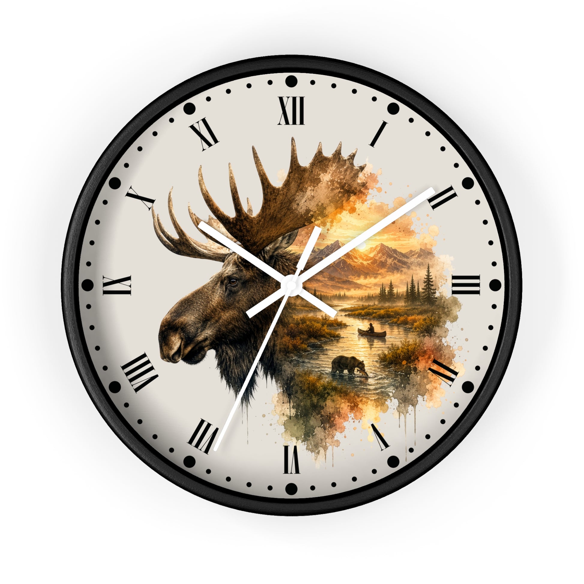 A round wall clock with a black frame and a cream-colored face featuring a large moose head and an autumn landscape scene with a river, trees, and bears. The clock has black Roman numerals and white hands.
