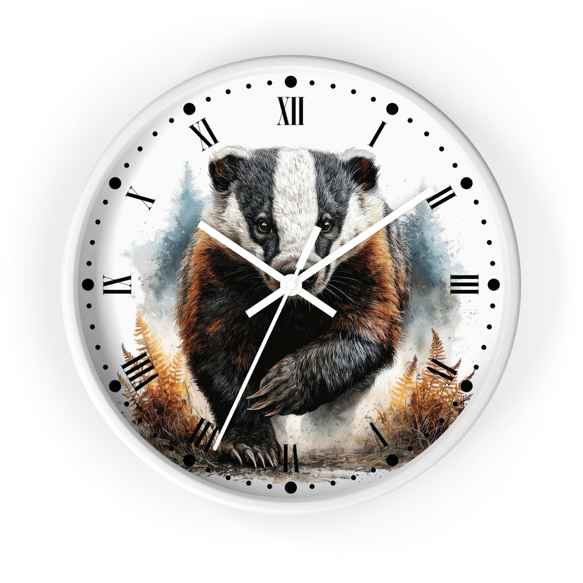 Round wall clock with a white face and outer rim, featuring a detailed illustration of a badger in the center. The clock has black Roman numerals, black dot hour markers, white hands, and a scenic background with blue-gray mist and brown ferns.