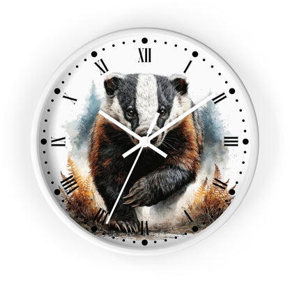 Round wall clock with a white face and outer rim, featuring a detailed illustration of a badger in the center. The clock has black Roman numerals, black dot hour markers, white hands, and a scenic background with blue-gray mist and brown ferns.