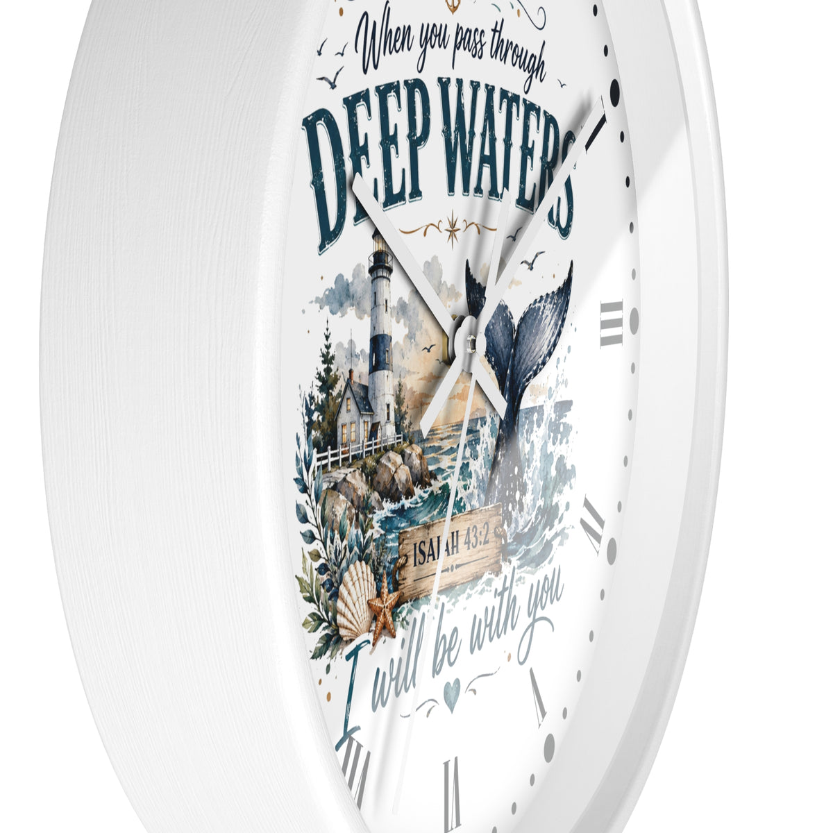 Inspirational Lighthouse Bible Verse Wall Clock — "When You Pass Through Deep Waters" (Isaiah 43:2)