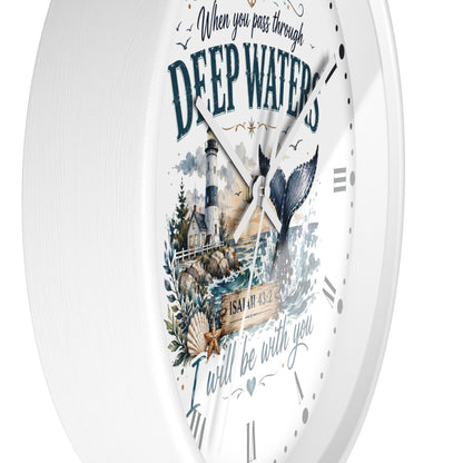 Inspirational Lighthouse Bible Verse Wall Clock — "When You Pass Through Deep Waters" (Isaiah 43:2)