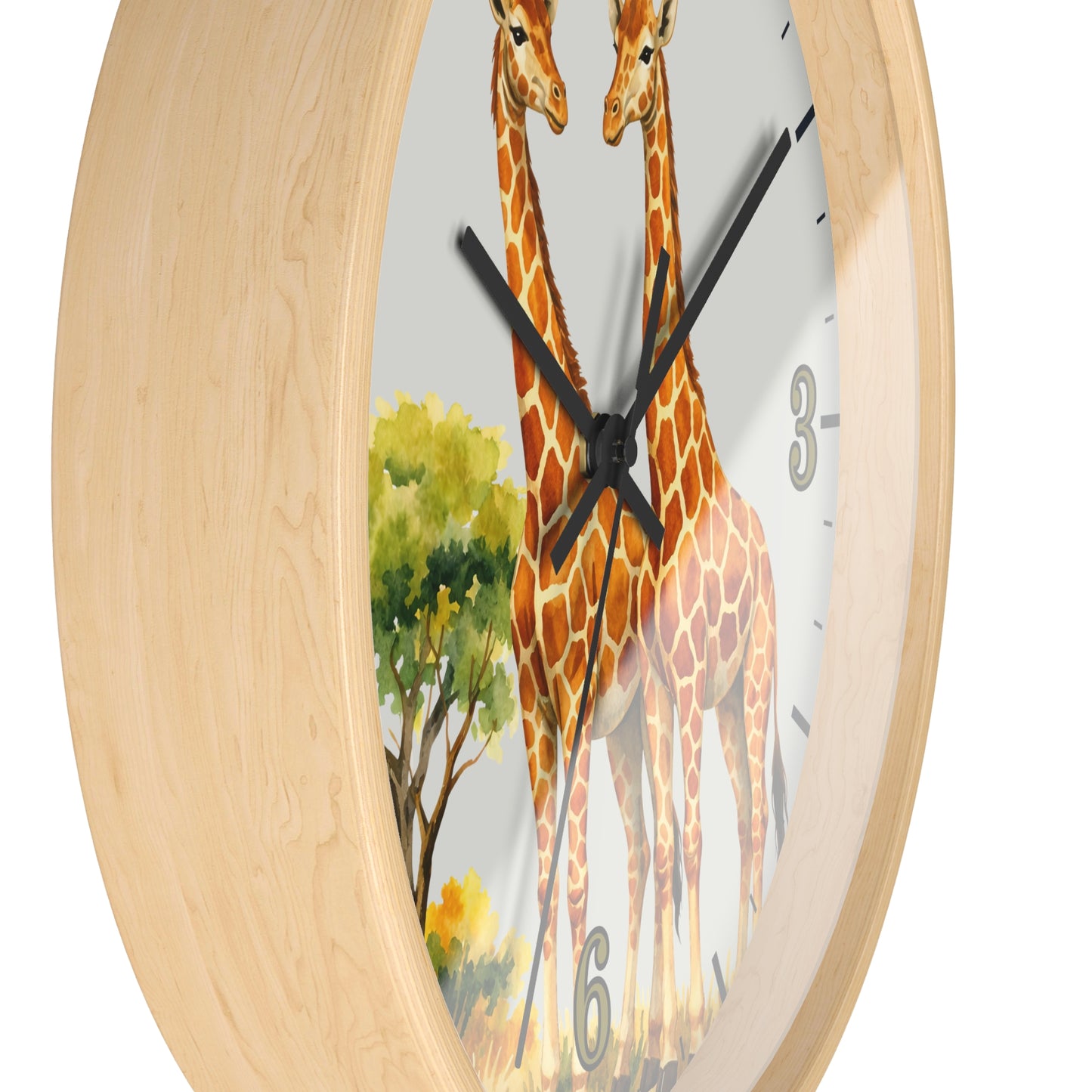 Round wall clock with a light natural wood frame and a printed giraffe illustration on the face, shown against a plain white background.