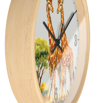 Round wall clock with a light natural wood frame and a printed giraffe illustration on the face, shown against a plain white background.