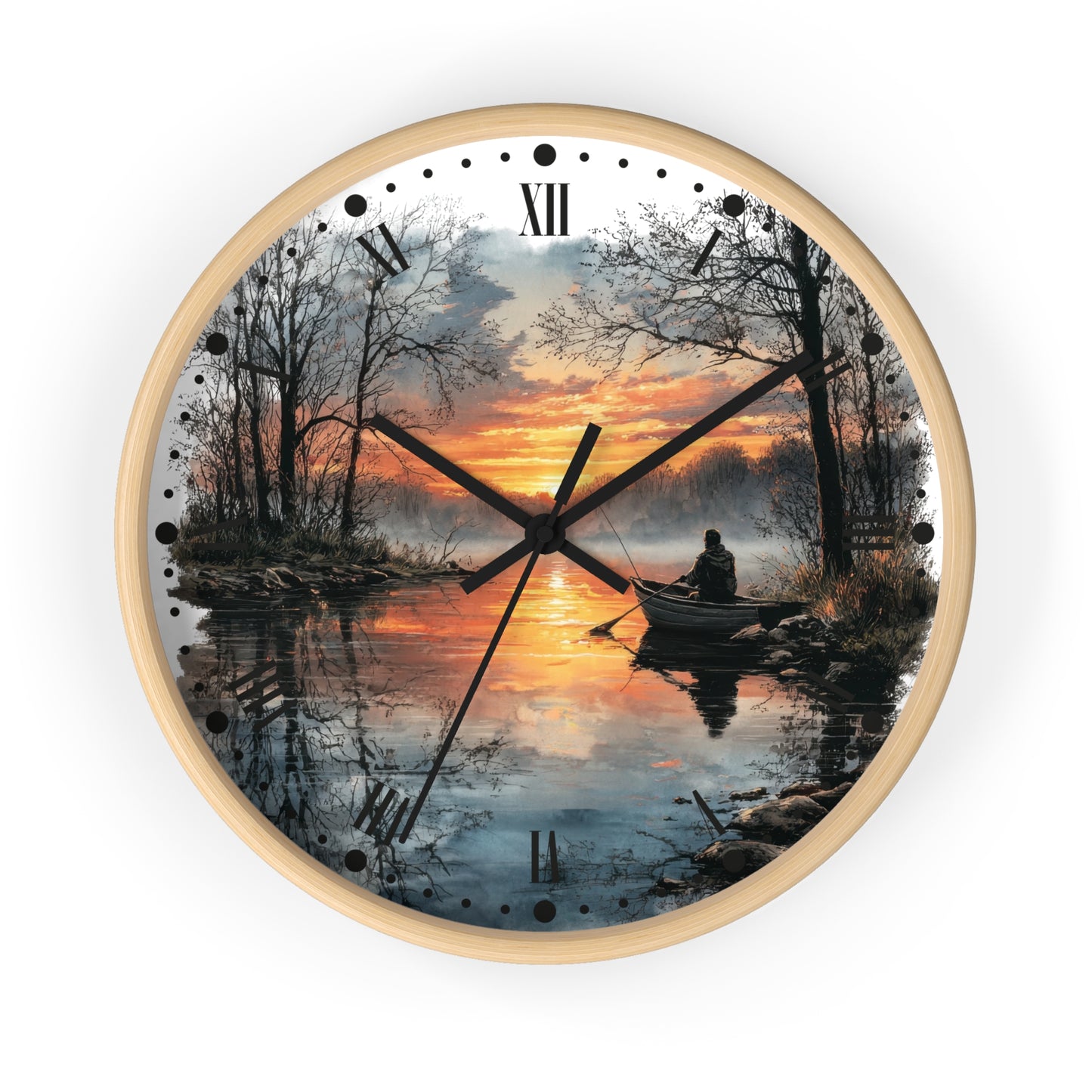 A round wall clock with a light wood frame and a scenic print of a sunset over a lake with a person in a boat, shown against a plain white background.