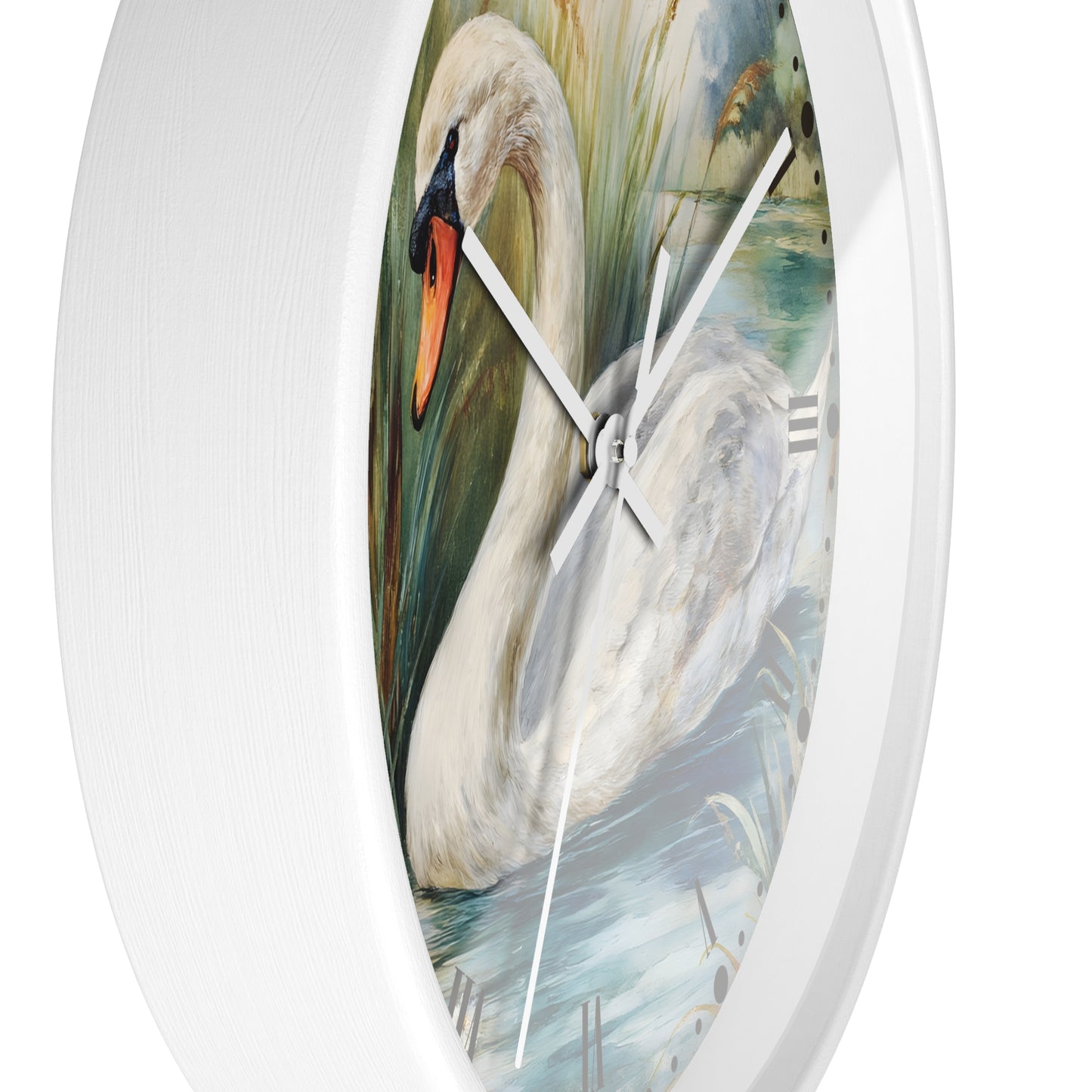 Round wall clock with a white frame and a printed swan painting on the face, shown against a plain white background.