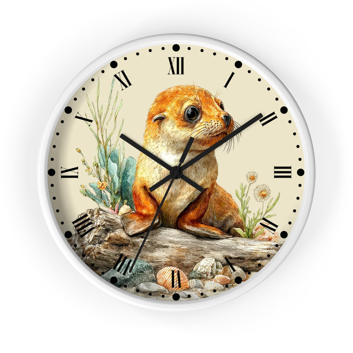 Round wall clock with a white frame and a printed illustration of a brown seal pup sitting on a log among plants and shells, with black Roman numerals and hands on a cream face.