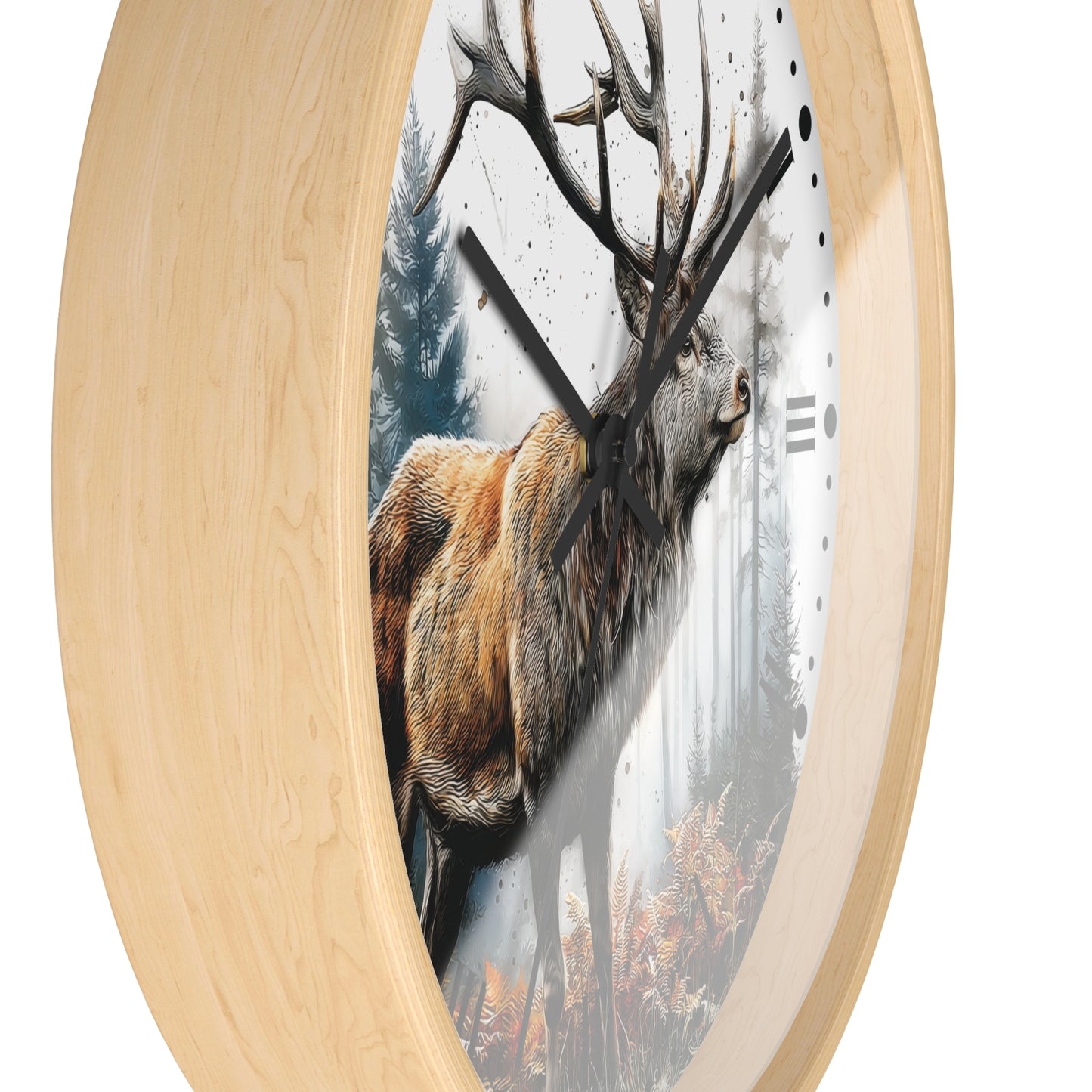 Round wall clock with a light natural wood frame and a printed deer in a misty forest design on the clock face, shown against a plain white background.