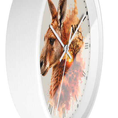 A round wall clock with a white frame and a printed face featuring a kangaroo portrait blended with autumn tree and sunset artwork. The clock is shown against a plain white background.