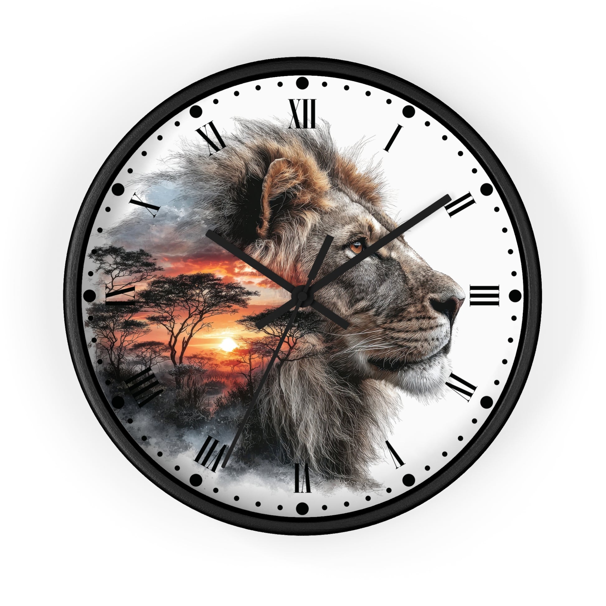 A round wall clock with a black frame and a printed design featuring a lion's face over an African savanna sunset scene. The clock face is white with black Roman numerals and black clock hands.
