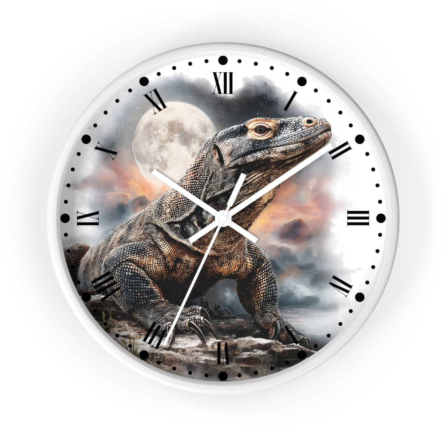 Round wall clock with a white frame and face, featuring a detailed illustration of a large lizard under a full moon and cloudy sky. The clock has black Roman numerals, black dot hour markers, and white hands.