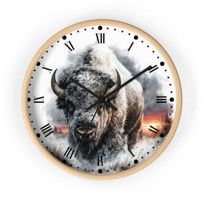 Bison Sunrise Wall Clock with Roman Numerals — Rustic Buffalo Decor