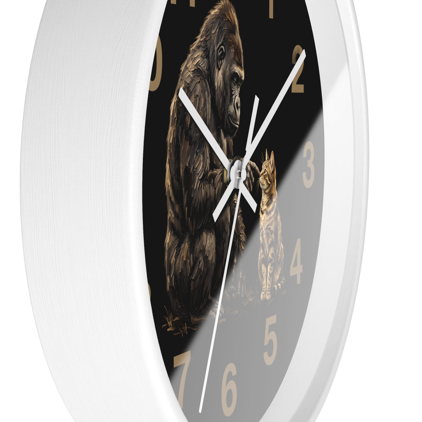 A round wall clock with a white outer frame and a dark face featuring an illustration of a gorilla and a cat, with tan Arabic numerals and white hands.