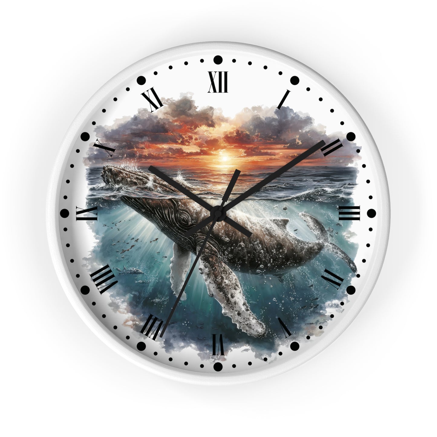 Round wall clock with a white frame and a printed ocean scene featuring a whale beneath a sunset sky, with black Roman numerals and clock hands on a white background.