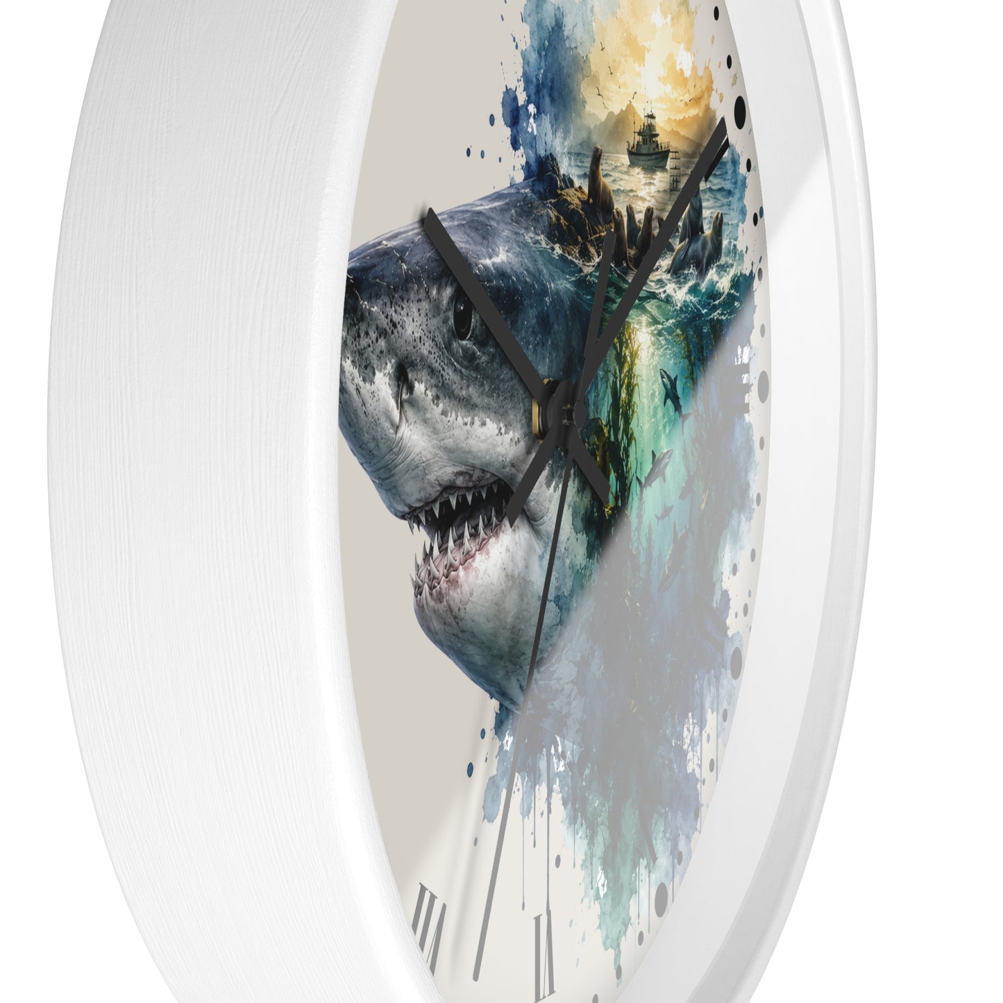 Ocean Shark & Seals Wall Clock — Watercolor Ship Nautical Art Decor