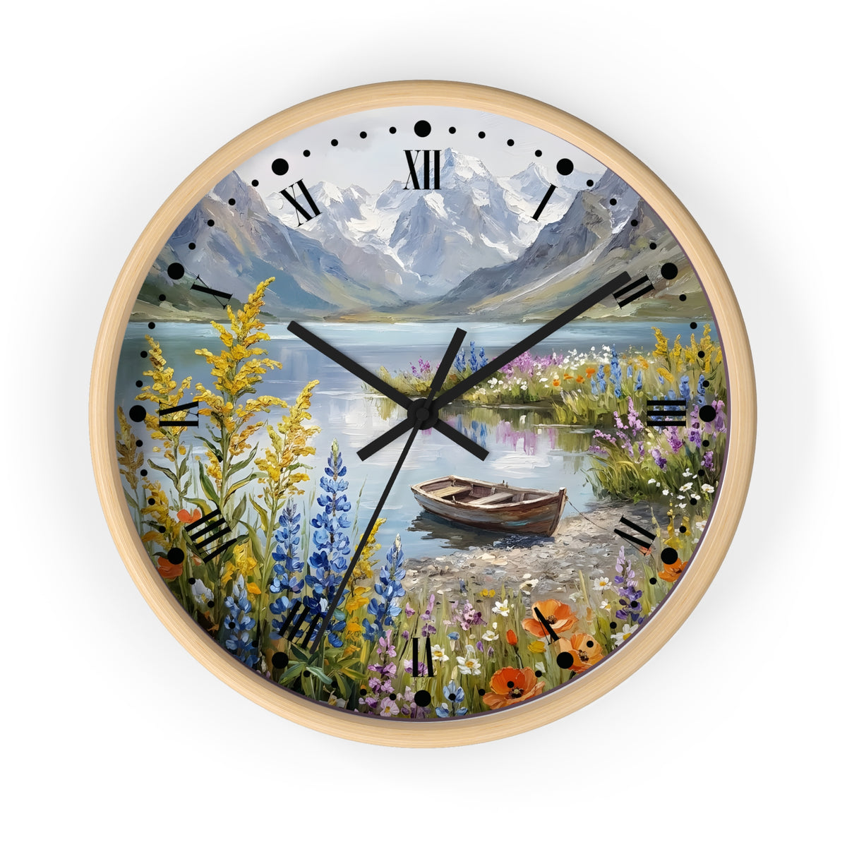 A round wall clock with a light wood frame and a scenic landscape printed on the face, showing mountains, a lake, wildflowers, a rowboat, and black Roman numerals.