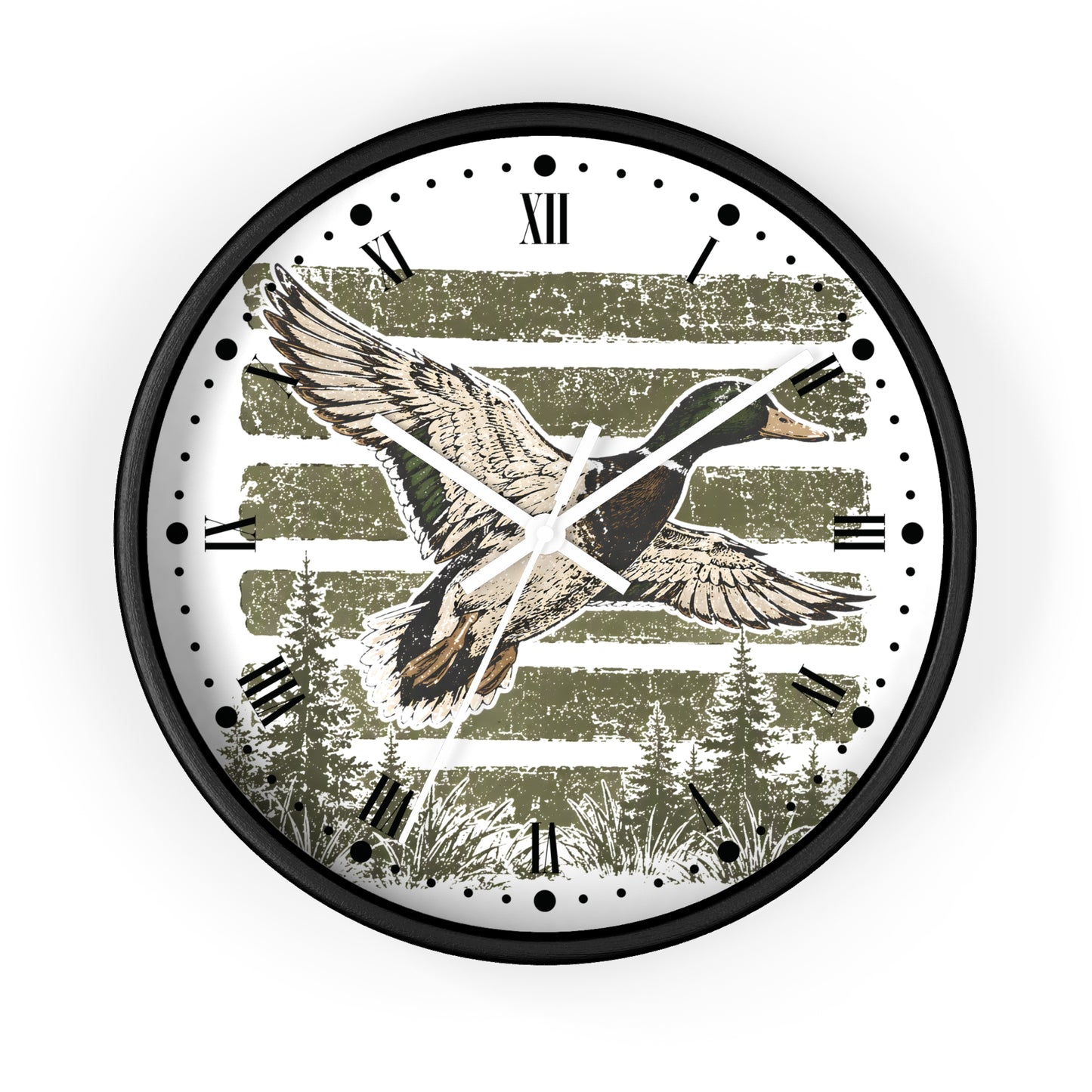 A round wall clock with a black frame and a white face featuring a flying mallard duck over distressed olive green horizontal stripes and pine trees. Roman numerals and black dot hour markers replace standard clock hands and numbers.