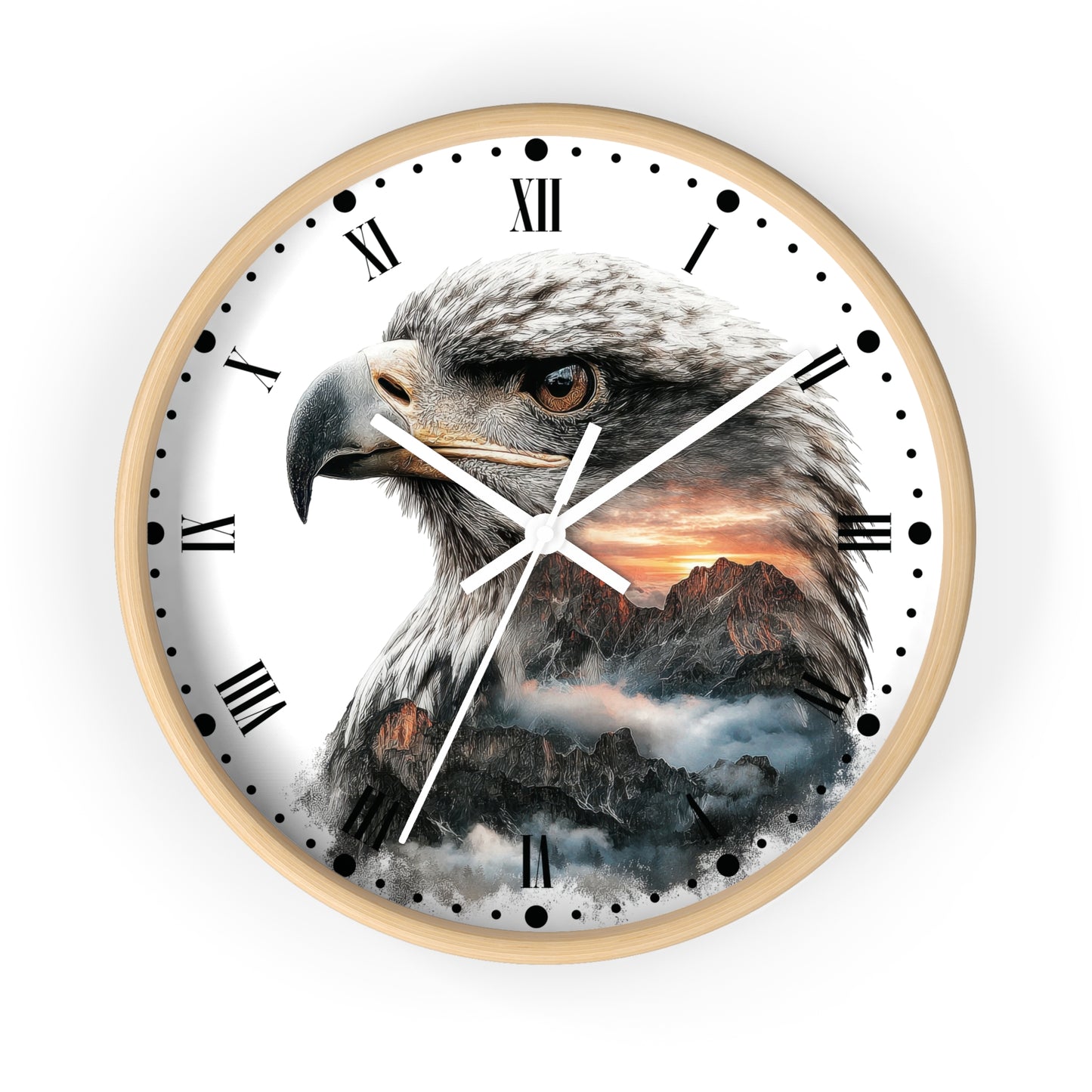 Round wall clock with a light wood frame, featuring a printed design of a bald eagle over a mountain sunset scene on a white dial with black Roman numerals and hands.