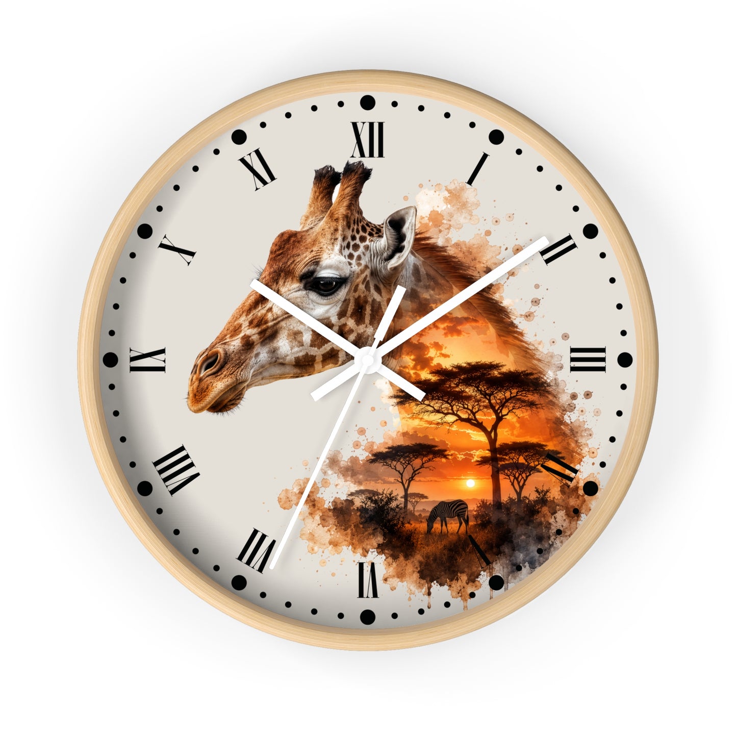 A round wall clock with a light wood frame and a cream-colored face, featuring a giraffe head over an African savanna sunset scene with acacia trees and an elephant. The clock has black Roman numerals and white hands.