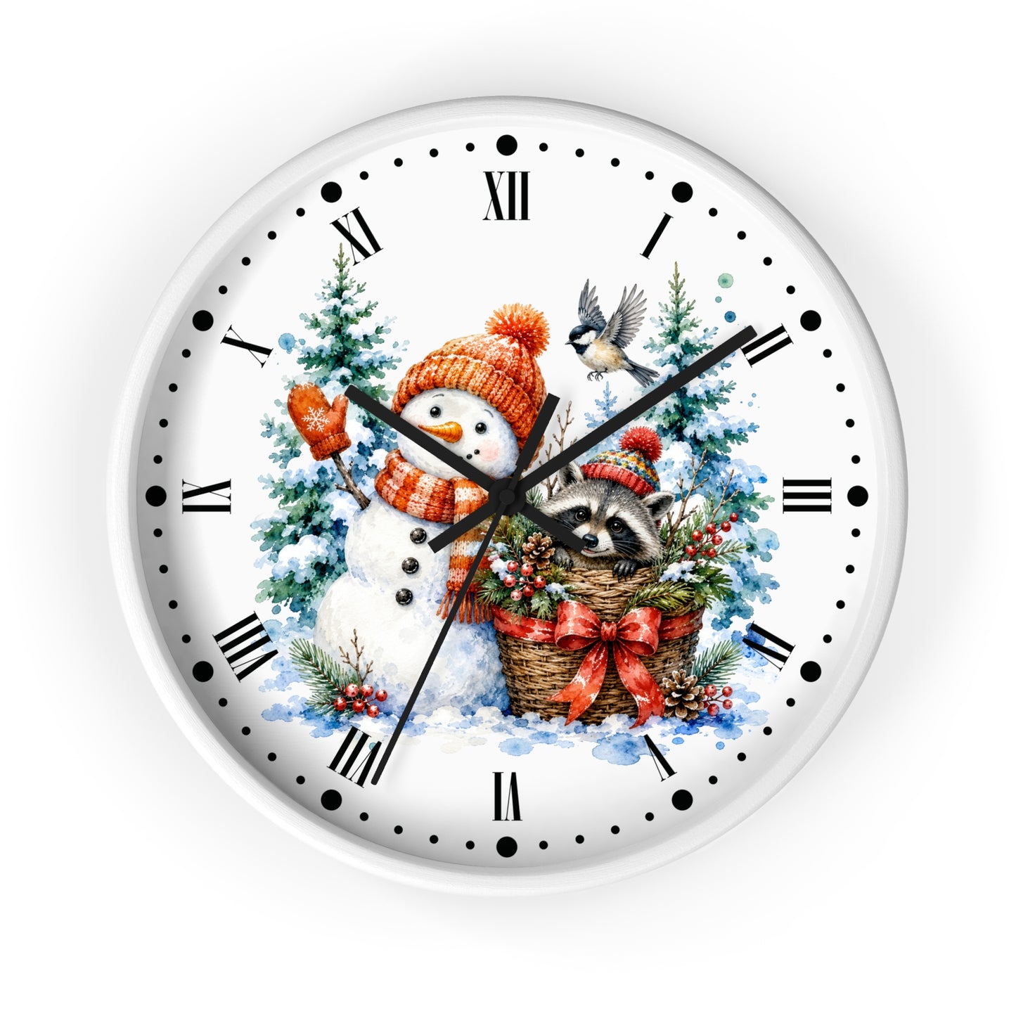 A round white wall clock with a festive Christmas illustration on the face, featuring a snowman in an orange hat and scarf, a raccoon in a basket, evergreen trees, and a bird, with black Roman numerals and hands on a white background.