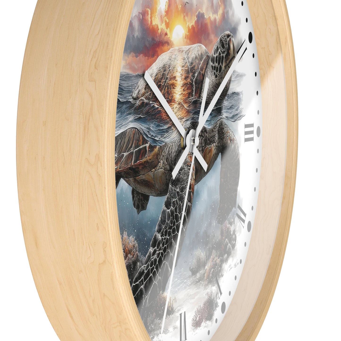 Round wall clock with a light natural wood frame and a printed sea turtle scene on the face, shown against a plain white background.